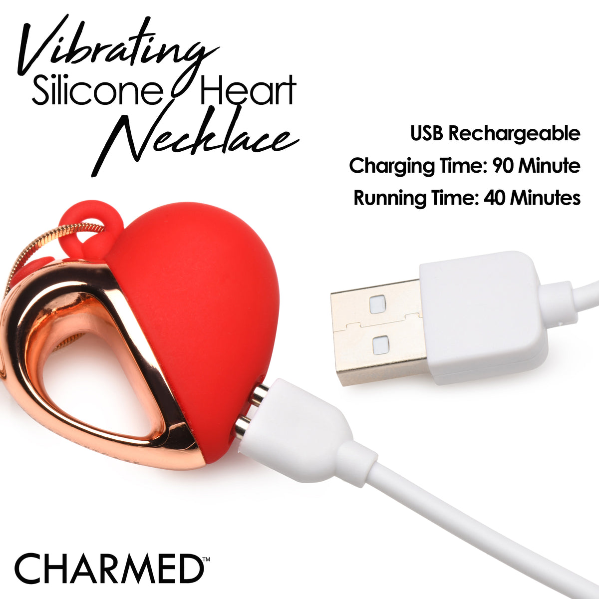 10X Vibrating Silicone Heart Necklace featuring USB rechargeability and stylish heart design.