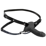 2 Inch Erection 28X Vibrating Silicone Penis Sheath Black on adjustable harness for enhanced pleasure.