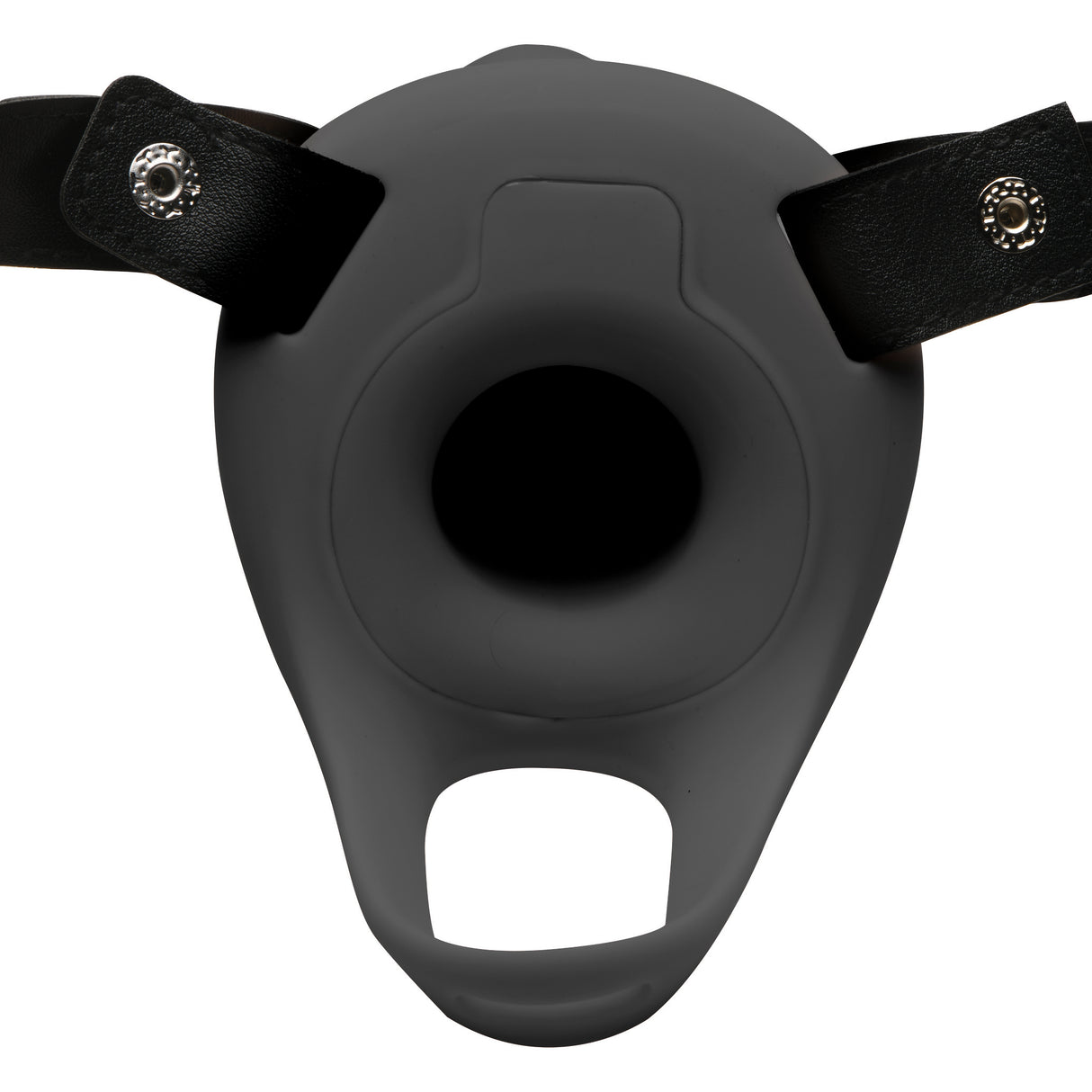 2 Inch Erection 28X Vibrating Silicone Penis Sheath Black close-up image showing the smooth silicone interior and straps.
