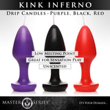Master Series Kink Inferno Drip Candles in purple, black, and red for sensory play.