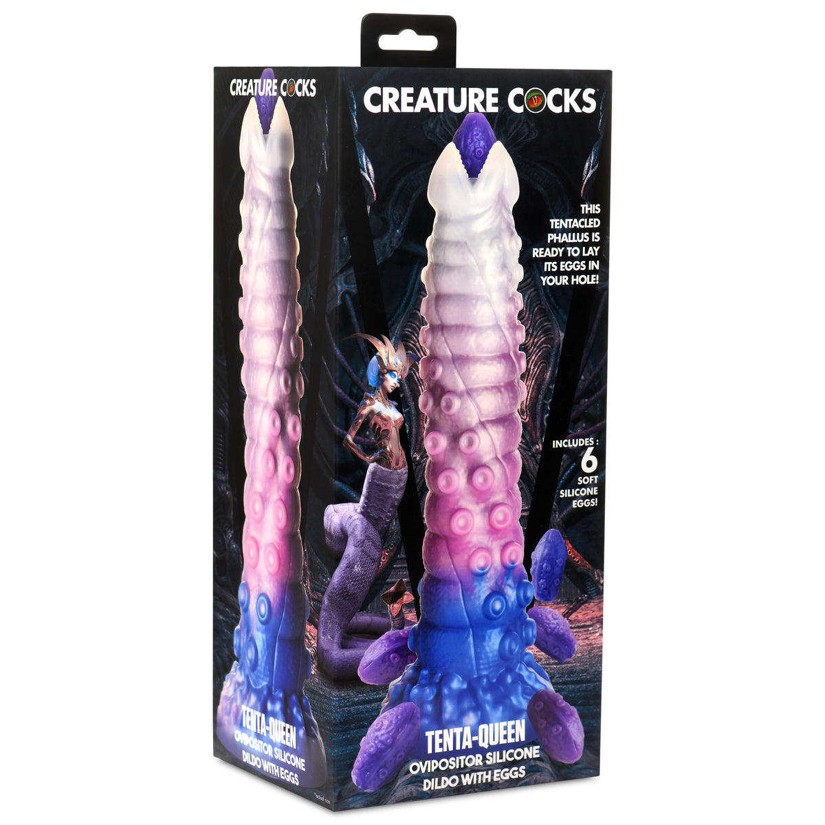 Tenta-Queen Ovipositor Silicone Dildo with Eggs packaging featuring tentacle design and six silicone eggs included.