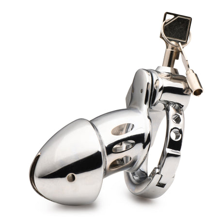 Master Series Cock Cuff Snap-on Chastity Cage made of premium stainless steel with adjustable features.