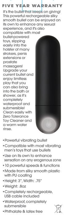 Zero Tolerance All Powerful Rechargeable Bullet Black shown with features and benefits for enhanced pleasure.