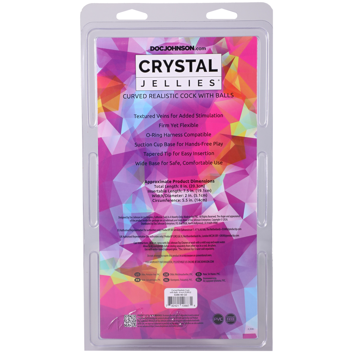 Crystal Jellies Curved Realistic Cock With Balls 8 Inch Purple packaging with features and dimensions listed.