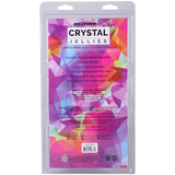 Crystal Jellies Curved Realistic Cock With Balls 8 Inch Purple packaging with features and dimensions listed.