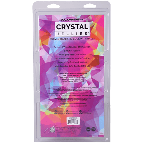 Crystal Jellies Curved Realistic Cock With Balls 8 Inch Purple packaging with features and dimensions listed.