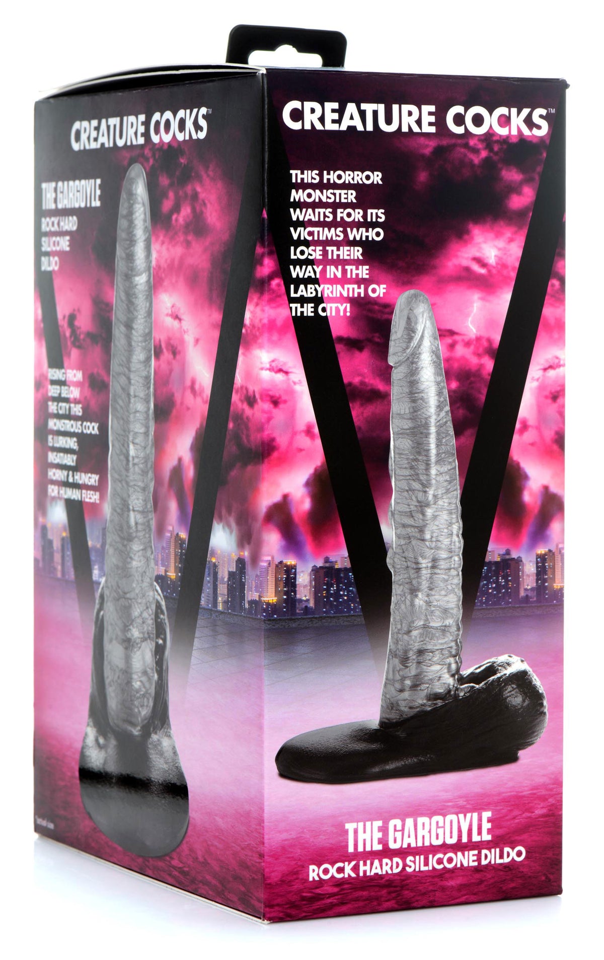 The Gargoyle Rock Hard Silicone Dildo Silver packaging featuring its textured design and bold branding.