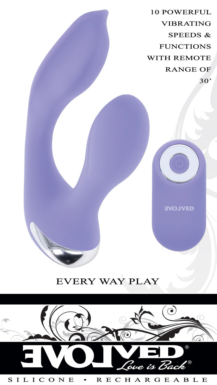Every Way Play Wearable Vibrator with Remote Lilac, featuring 10 powerful vibrating speeds and functions.
