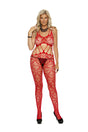 Heart Net Bodystocking With Open Crotch Red Queen Size showcasing a flirtatious heart-pattern design.