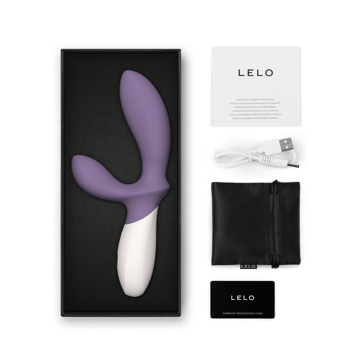 Lelo Loki Wave 2 Prostate Massager Violet Dust in elegant packaging with USB charger and accessories.