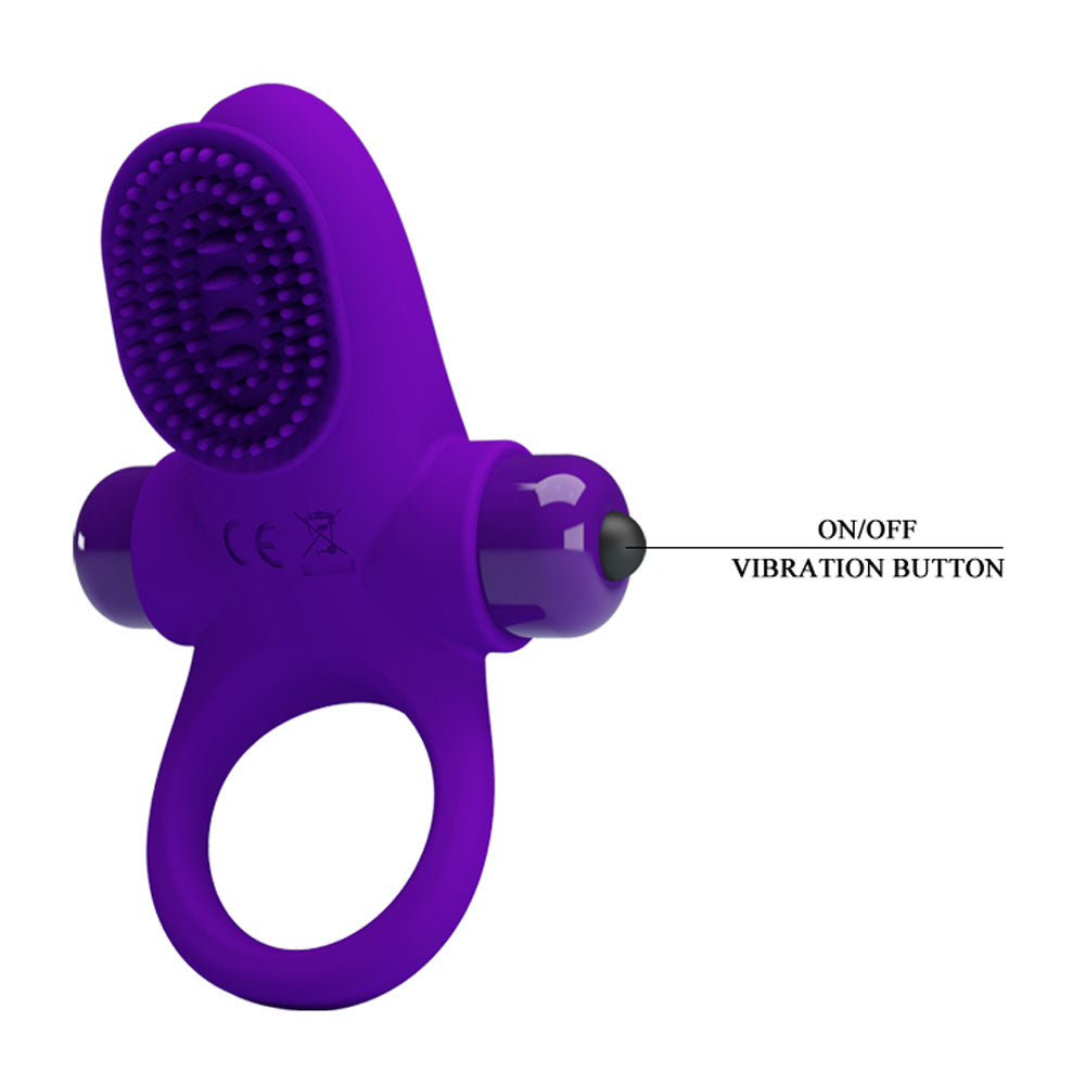 Pretty Love Vibrating Cock Ring II Purple showcasing its textured design and vibration button for enhanced pleasure.