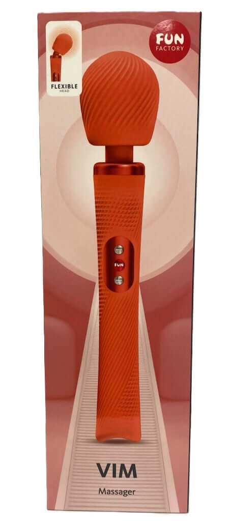 Fun Factory Vim Wand Massager Orange packaging featuring a flexible neck and control buttons for ultimate pleasure.