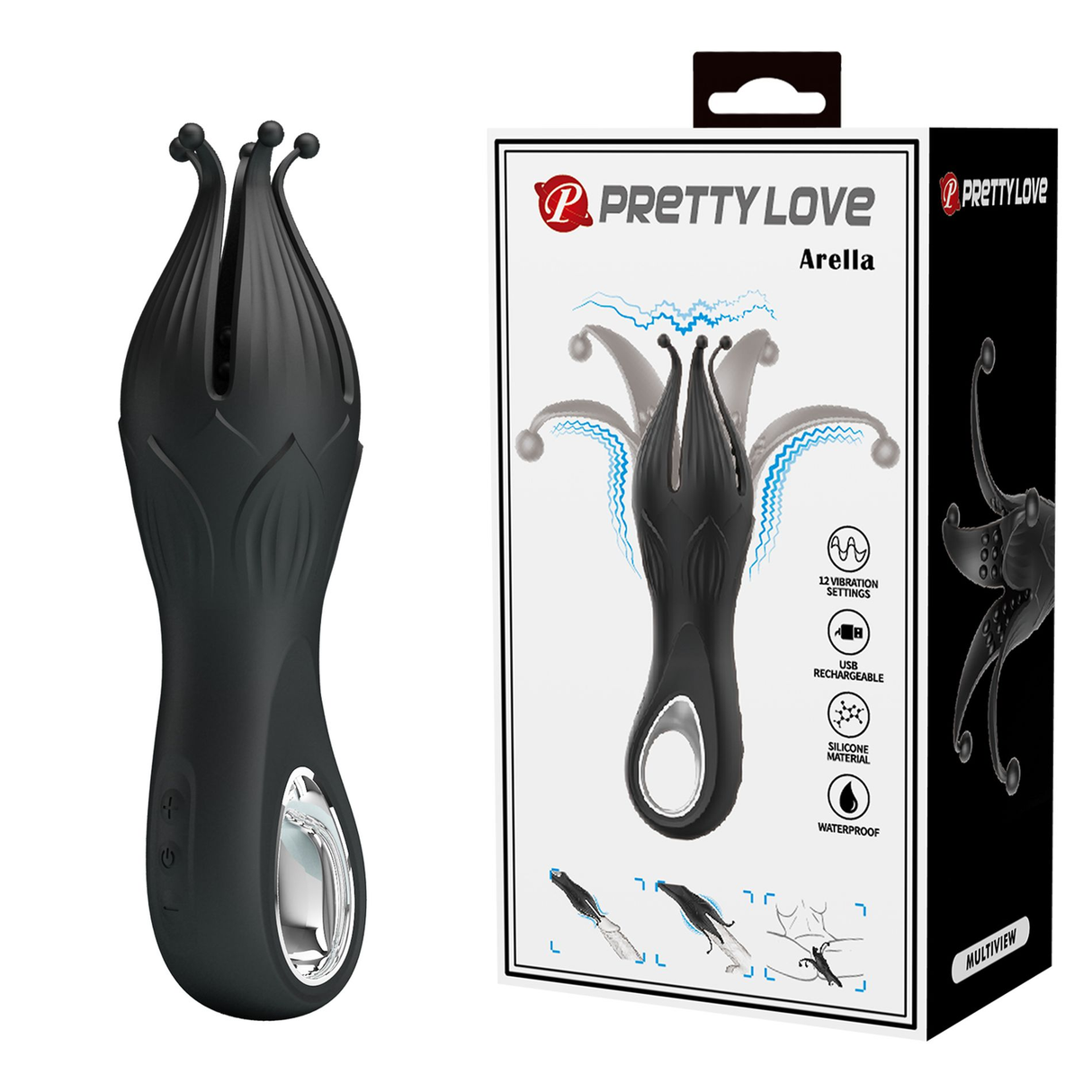 Pretty Love Arella Multi Petal Stimulator Black, octopus-shaped vibrating penis trainer, velvety and indulgent.