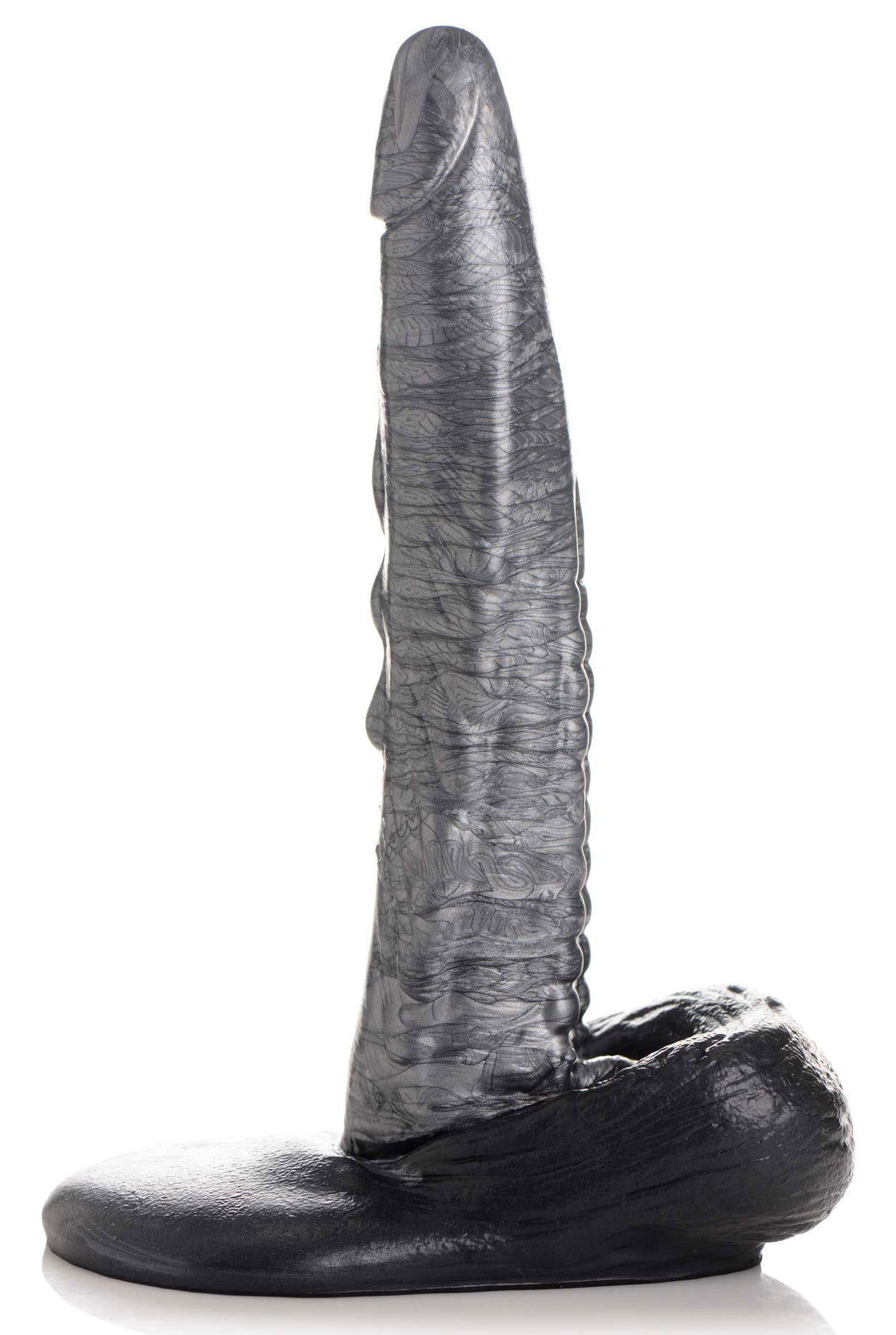 The Gargoyle Rock Hard Silicone Dildo Silver profile view showcasing its ridges and flanged base.