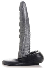 The Gargoyle Rock Hard Silicone Dildo Silver profile view showcasing its ridges and flanged base.