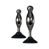 Evolved Joy Sticks 2 Piece Anal Plug Set Black Chrome, elegant black chrome anal plugs with silicone bases.
