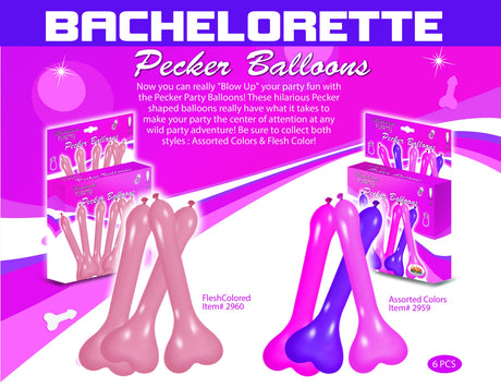 Bachelorette Pecker Balloons Assorted Colors 6 Pack featuring pink and purple pecker-shaped balloons for party fun.