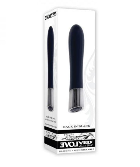 Evolved Back In Black Rechargeable Silicone Bullet in sleek packaging with chrome tip design.