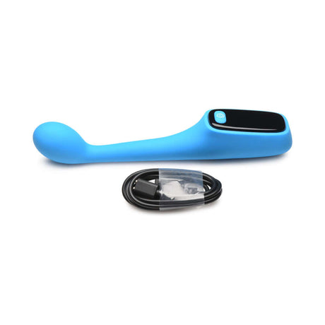 BANG! Digital silicone vibrator in blue with LED display and charging cable, perfect for G-spot stimulation.