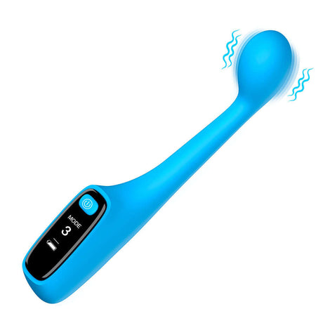 BANG! Digital silicone vibrator in blue, designed for G-spot stimulation with smooth textures and LED mode display.