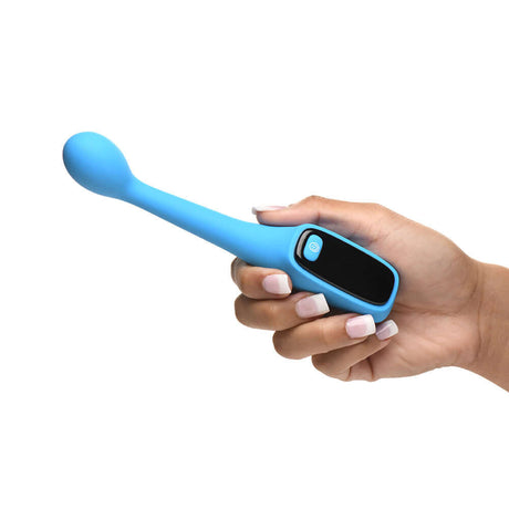BANG! Digital silicone G-spot vibrator in blue held in hand with an LED screen for mode and battery display.