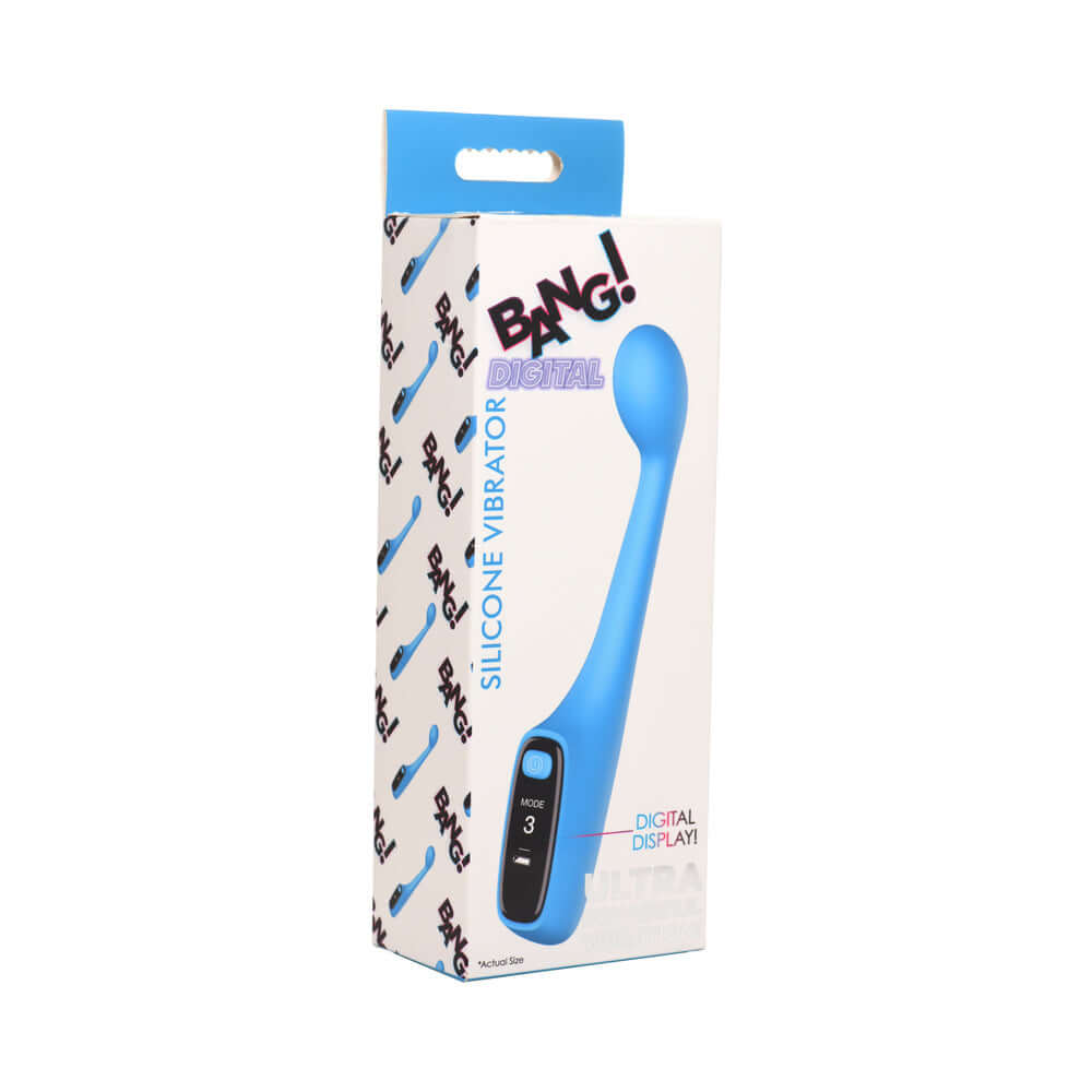 BANG! Digital Silicone Vibrator in blue packaging showcasing the LED display and curved design.