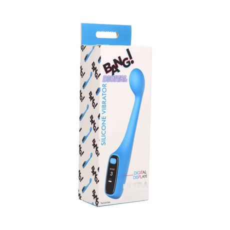 BANG! Digital Silicone Vibrator in blue packaging showcasing the LED display and curved design.