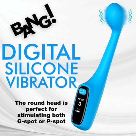 BANG! Digital silicone vibrator in blue, designed for G-spot and P-spot stimulation with LED display.