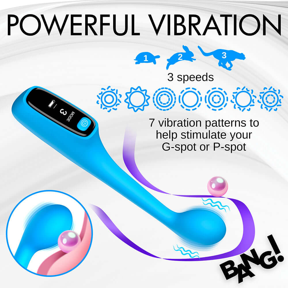 BANG! Digital silicone vibrator in blue with LED screen and ergonomic design for G-spot stimulation.