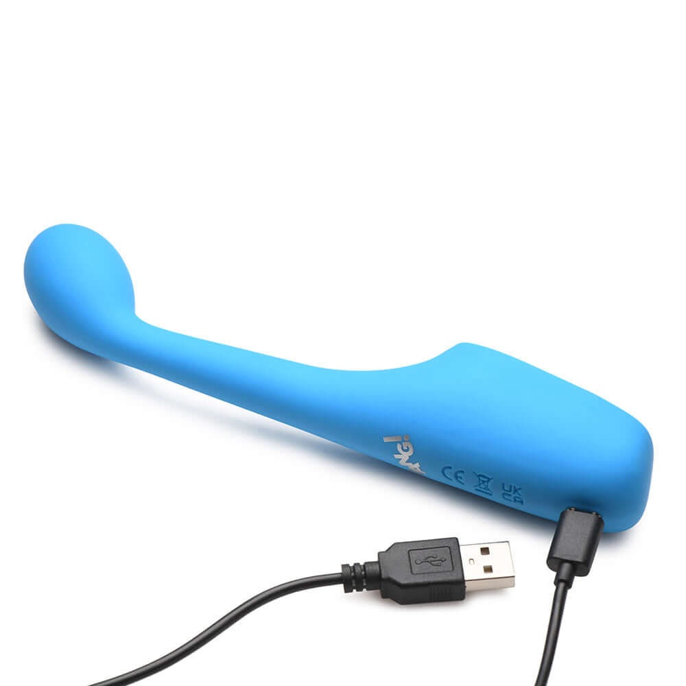 BANG! Digital Silicone Vibrator in Blue with USB charging cable for G-spot stimulation.