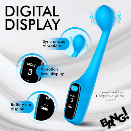 BANG! Digital Silicone Vibrator with LED display, showing battery life, modes, and synchronized vibrations.