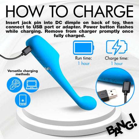 Charging instructions for the BANG! Digital Silicone Vibrator Blue with LED indicators and USB connection.
