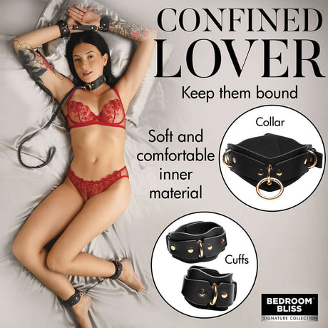 Bedroom Bliss Lover's Restraints Set with collar and cuffs in black, soft vegan leather, perfect for intimate pleasures.