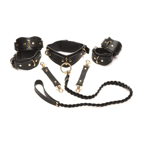 Black vegan leather restraints set includes adjustable cuffs, collar, leash, and cuff connectors for playful intimacy.
