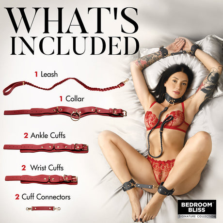 Bedroom Bliss Lover's Restraints Set in red, featuring cuffs, collar, leash, and connectors for a daring experience.