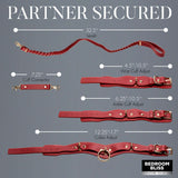 Bedroom Bliss Lover's Restraints Set in red, featuring adjustable cuffs, collar, leash, and cuff connector for intimate play.