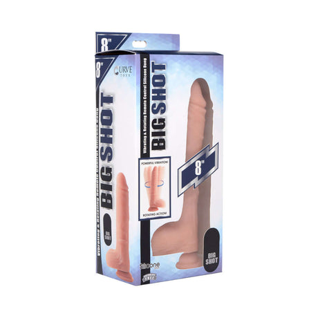 Big Shot 8-inch silicone dildo packaging showcasing powerful vibration and unique swirling motion.