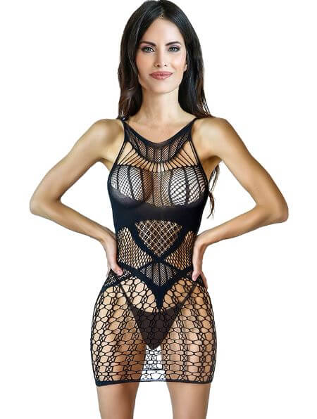 Be Savage Flirty Fishnet Dress Black OS showcased on a model, highlighting its bold fishnet design and flattering silhouette.