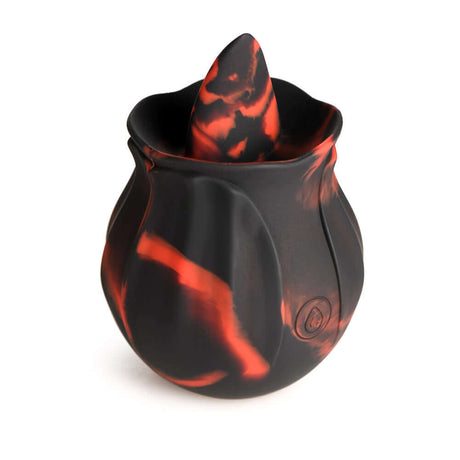 Bloomgasm Black Kiss Rimming Rose, premium silicone massager for intimate pleasure, featuring a floral design and unique tongue shape.