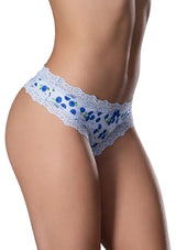 Magic Silk Sweet Treats Crotchless Thong Blueberry L/XL featuring a playful blueberry print and delicate lace trim.
