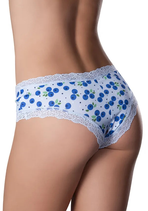 Sweet Treats Crotchless Boy Short 2XL Blueberry with playful fruit print and lace trim on display.