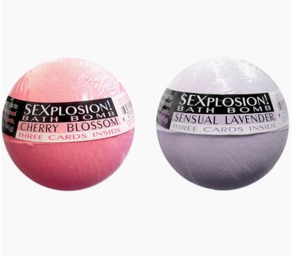 Sexplosion Bath Bombs with Suggestive Cards featuring Cherry Blossom and Sensual Lavender.