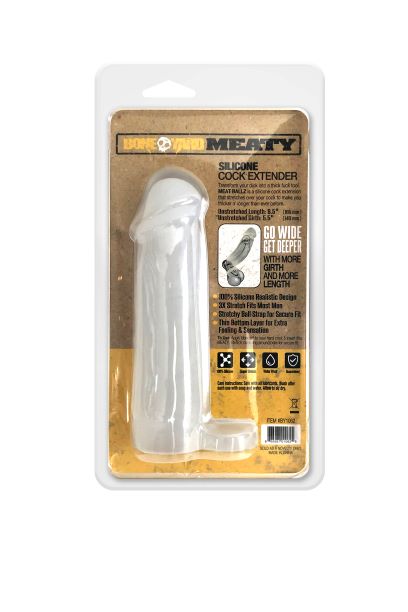 Boneyard Meaty 3X Stretch Silicone Penis Extender Clear packaging featuring a soft silicone extender.