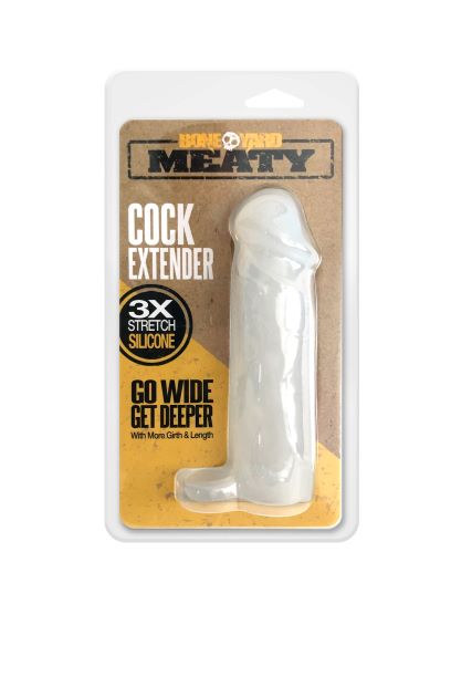 Boneyard Meaty 3X Stretch Silicone Penis Extender Clear packaging showing its soft, girthy design for enhanced satisfaction.