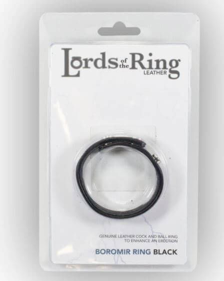 Lords Of The Ring Boromir Cock Ring displayed in packaging, featuring genuine leather for enhanced erection.