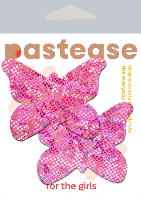 Pastease Butterfly Shattered Disco Ball in pink glitter, adhesive nipple covers for a fun and playful look.