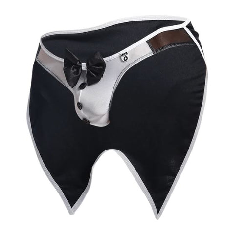 Mob Buttler Costume Black Large Roleplay featuring playful men's underwear with tuxedo design and bow tie accent.