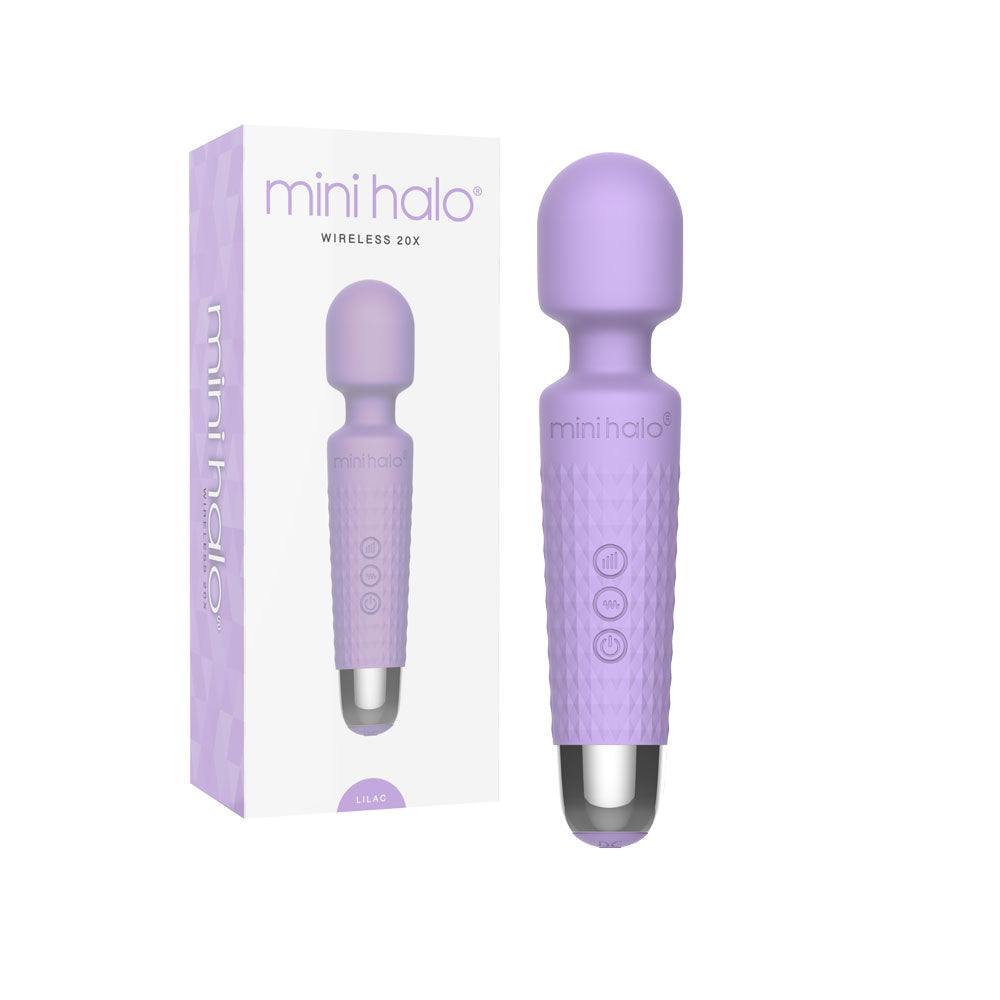 Viben Mini Halo Lilac Rechargeable Wand Massager in packaging, showcasing its compact design and features.