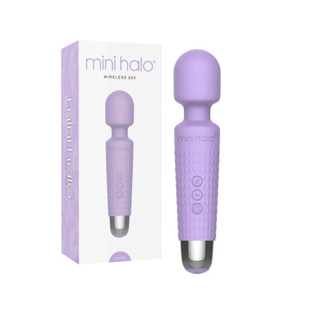 Viben Mini Halo Lilac Rechargeable Wand Massager in packaging, showcasing its compact design and features.