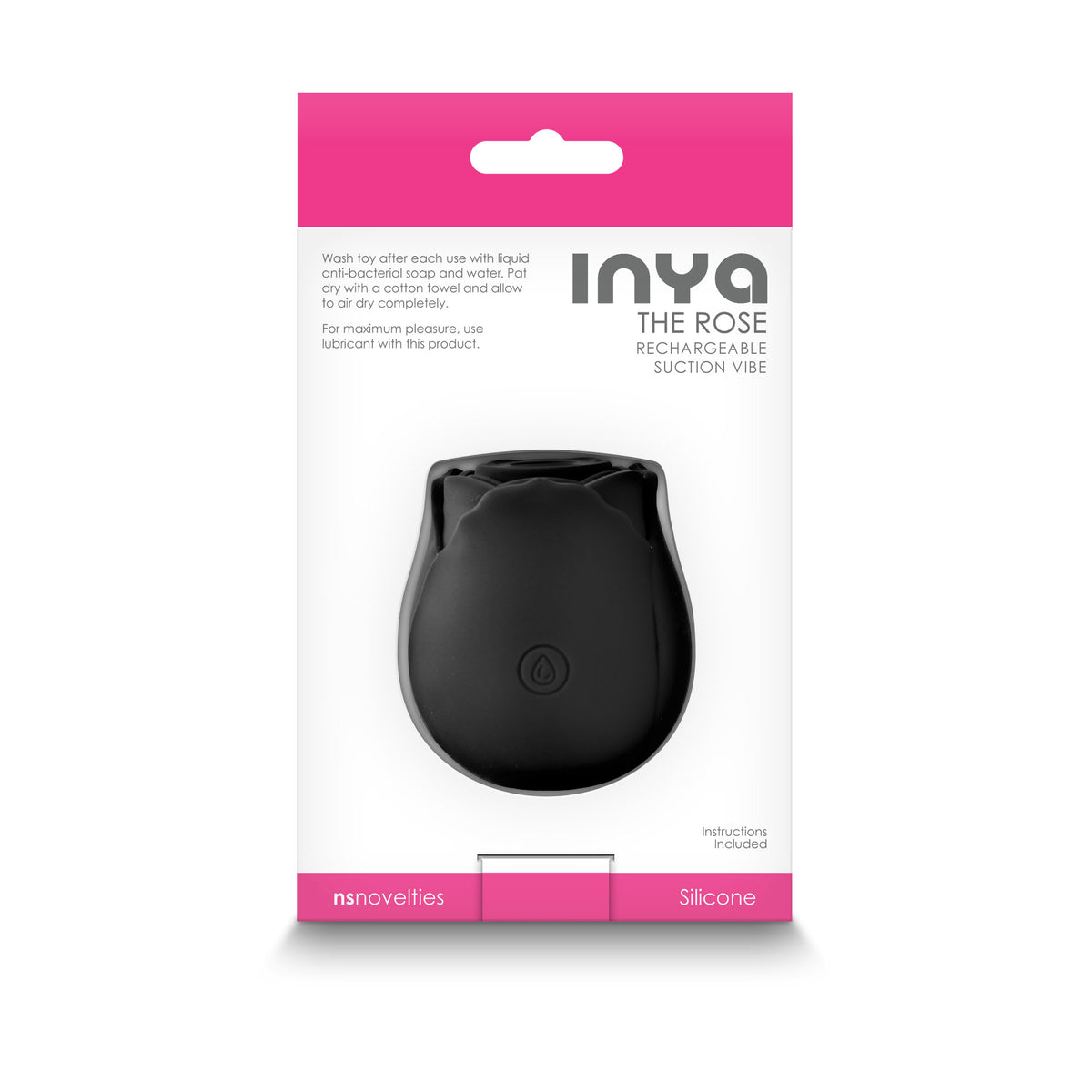 INYA The Rose Black Air Suction Clitoral Vibrator packaging featuring sleek design and usage instructions.